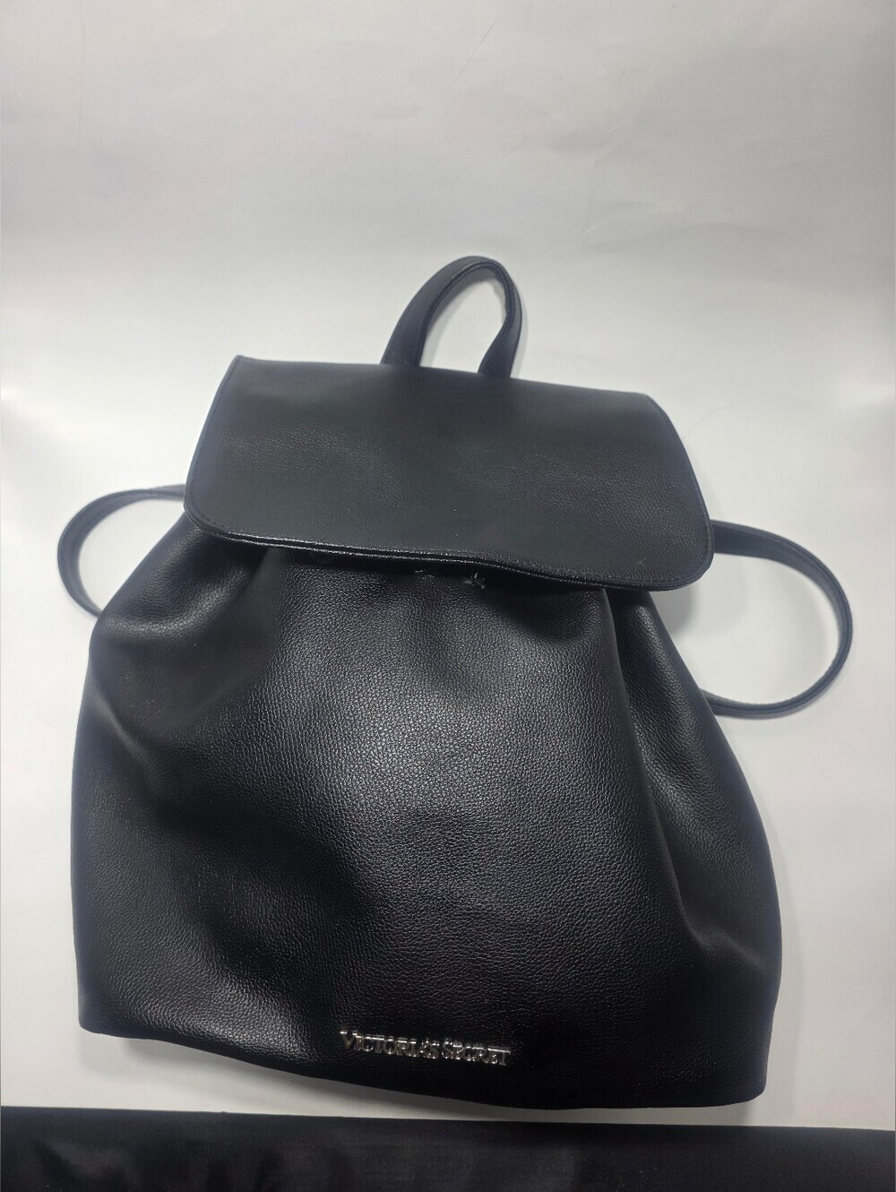 Victoria’s Secret Black Faux Leather Backpack Drawstring Bag Silver  Logo - Picture 2 of 8